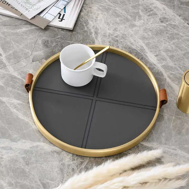 Light luxury leather round tray American brass compote home/hotel receiving tray table ornament