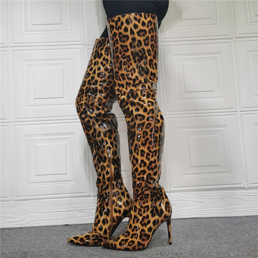 2021 new design famous brand thin high heel over the knee boots leopard sexy tight waterproof zip up winer boots for women