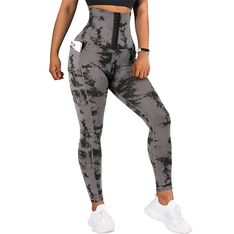 Girdle Pants Tie Dye Print Tummy Control Butt Lifting Pocket Design Yoga Pants Skinny Female Sports Trousers Ladies Leggings