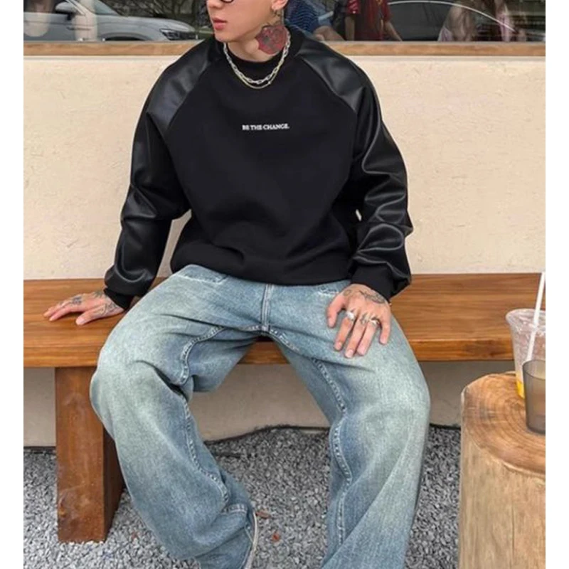 Wholesale Oversized Crewneck blank Sweatshirt With Leather Patches Custom Logo Drop Shoulder Plain Pullover Sweatshirt