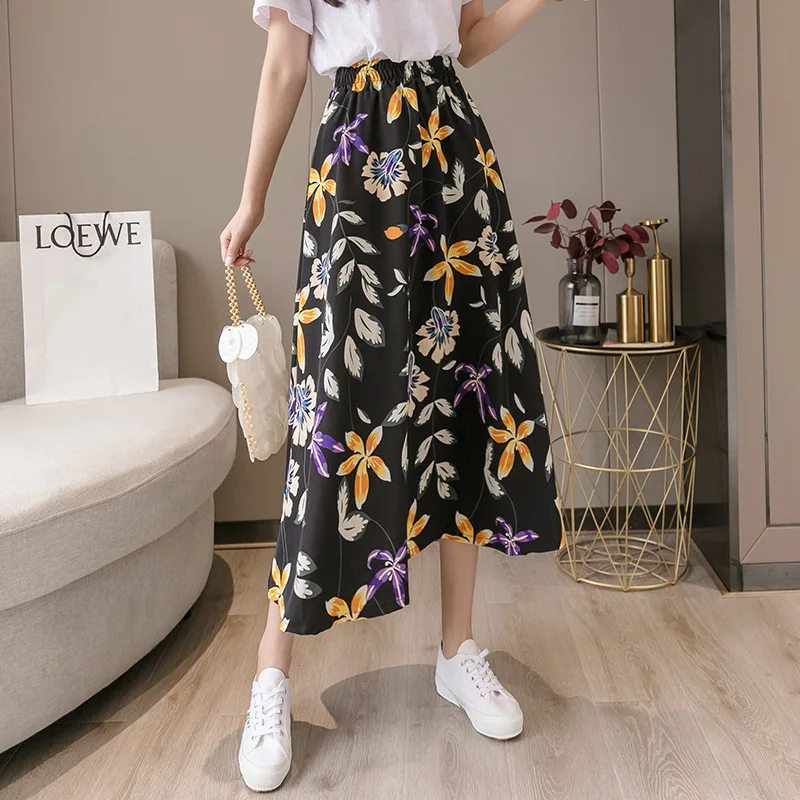 New design high quality lady flower skirt high waist long chiffon female floral skirt