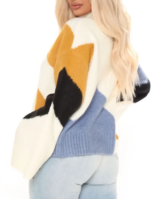 Classic Take Oversized Sweater Long Sleeve Stretch  Mock Neck Colorblock Sweater