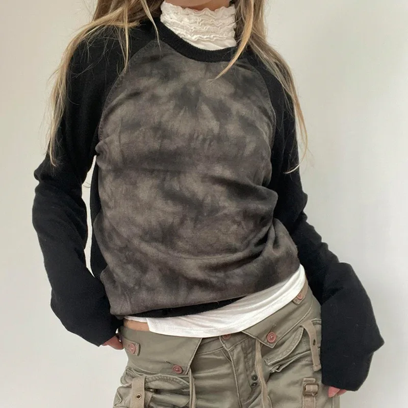 Fall 2022 women clothes fashion black and gray contrast color tie-dye craft stitching long sleeve autumn bottoming top