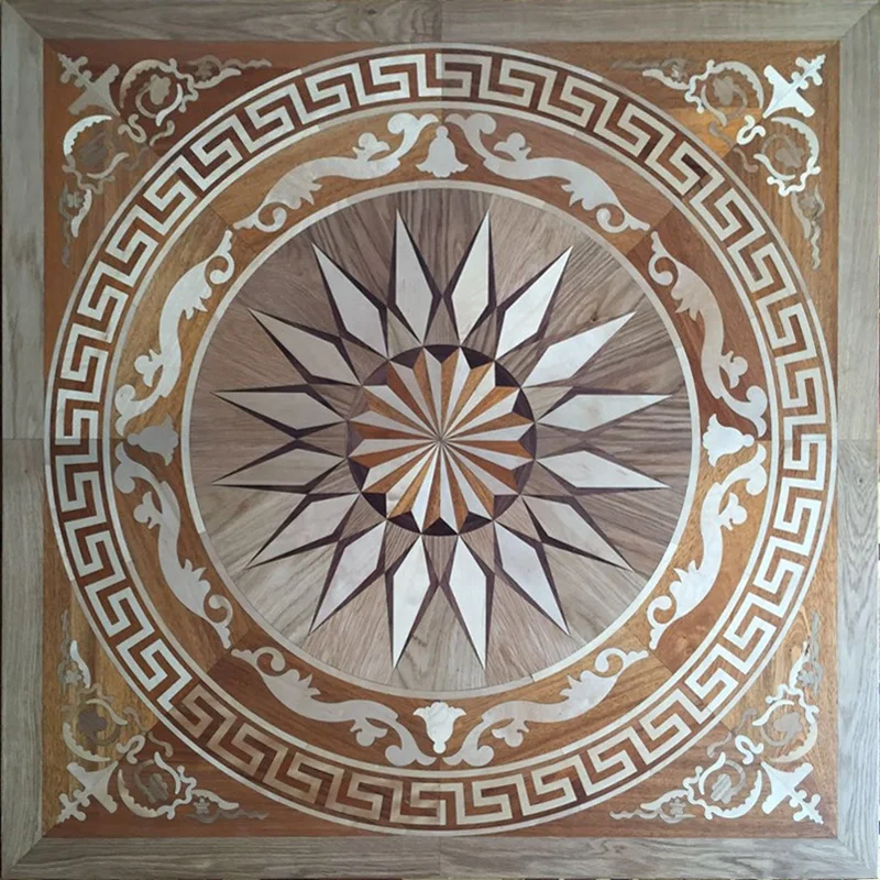Hardwood floor medallions inlays for new and existing floors patterned design