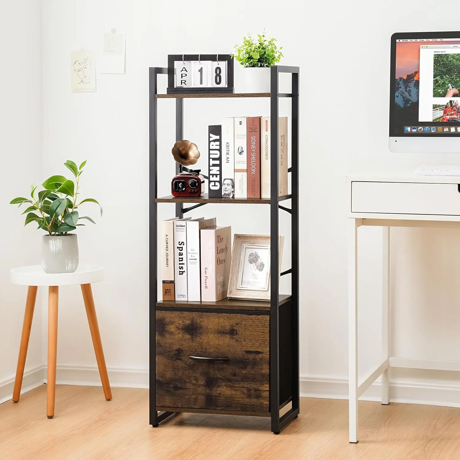 Bedroom Living Room Office Storage Organizer Drawer Small Bookcase Narrow Industrial Bookshelves Shelf 4 Tier Book Shelf