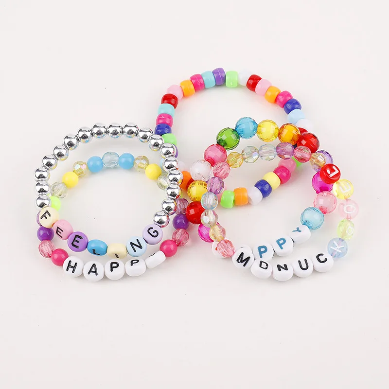 Fashion Girls Kids Rainbow Color Bracelet Gifts Handmade Cute Word Letter Elastic Beaded Bracelets