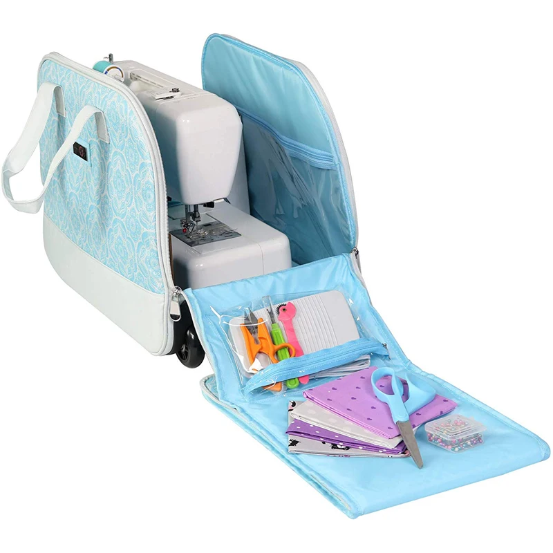 Light Blue Collapsible Rolling Sewing Machine Tote Case Sewing Bag with Wheels