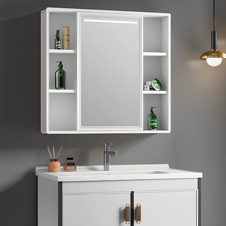 Led lighting modern design mdf floating wash basin stainless steel medicine mirror smart led bathroom cabinet vanity