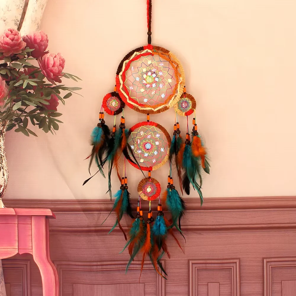 Indian Girl Series Five Rings Dream Catcher For Home Pendant Double Feather Tassel