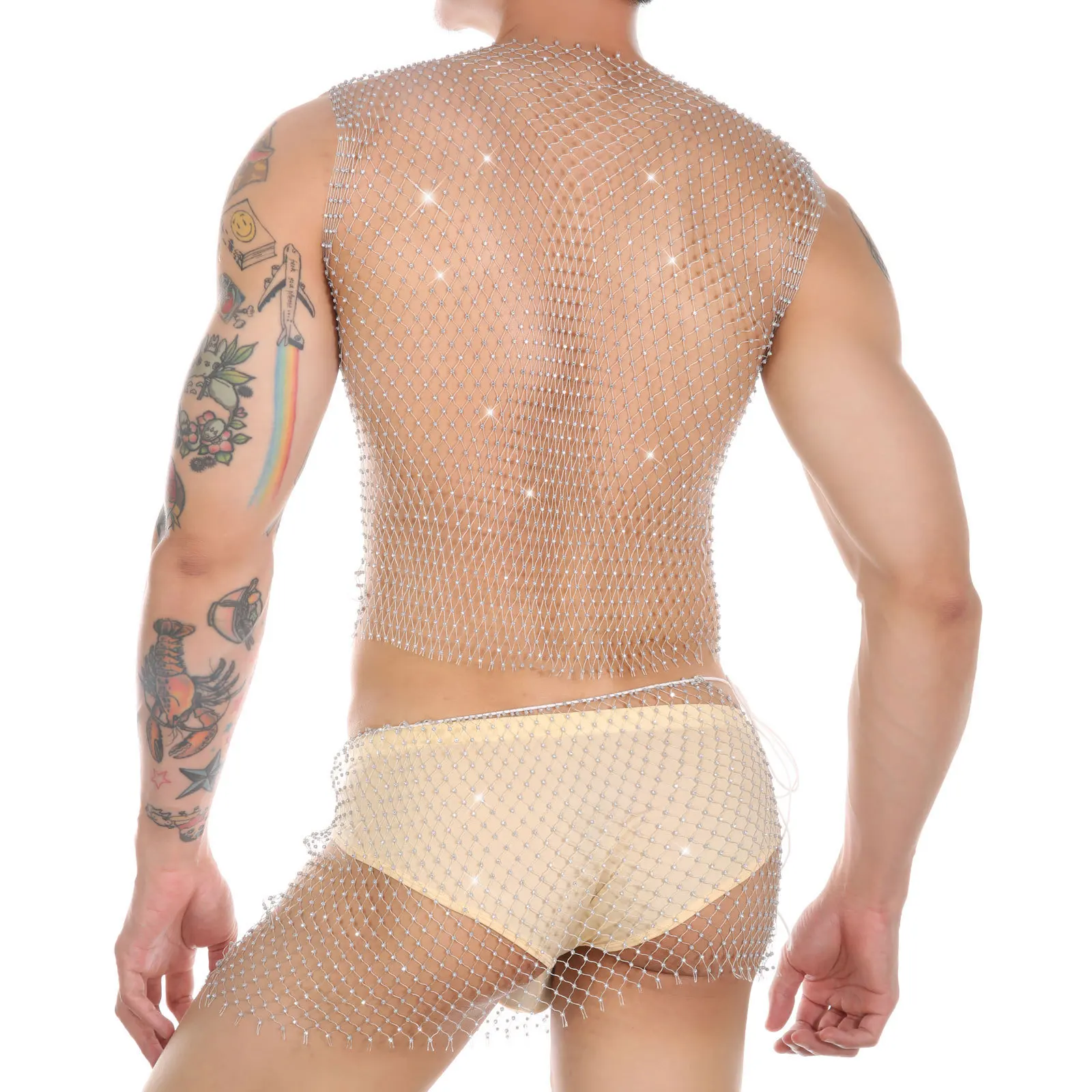 mens sexy fishnet underwear tank tops sheer vest with rhinestone men sexy sheer mesh tank tops boxers set nightclub men t shirts