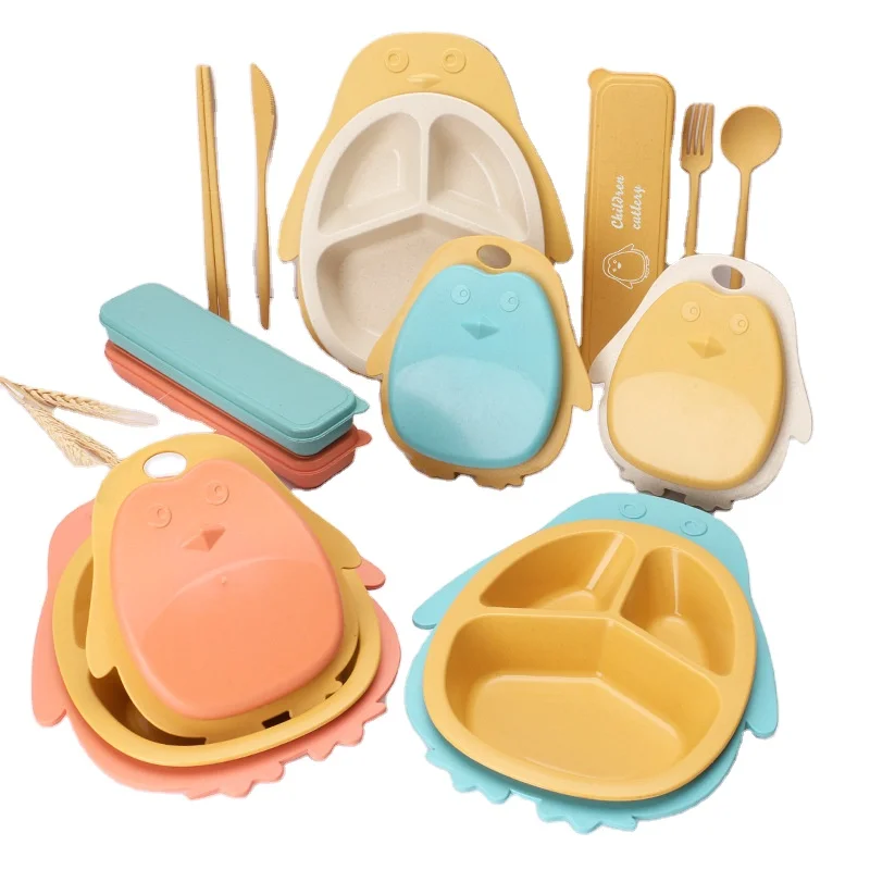7Pcs/Set Wheat Straw Kids Dinnerware Set Children Dishes Food Plate Bowl Spoon Fork Cutlery Set Cartoon Tableware Safe Healthy