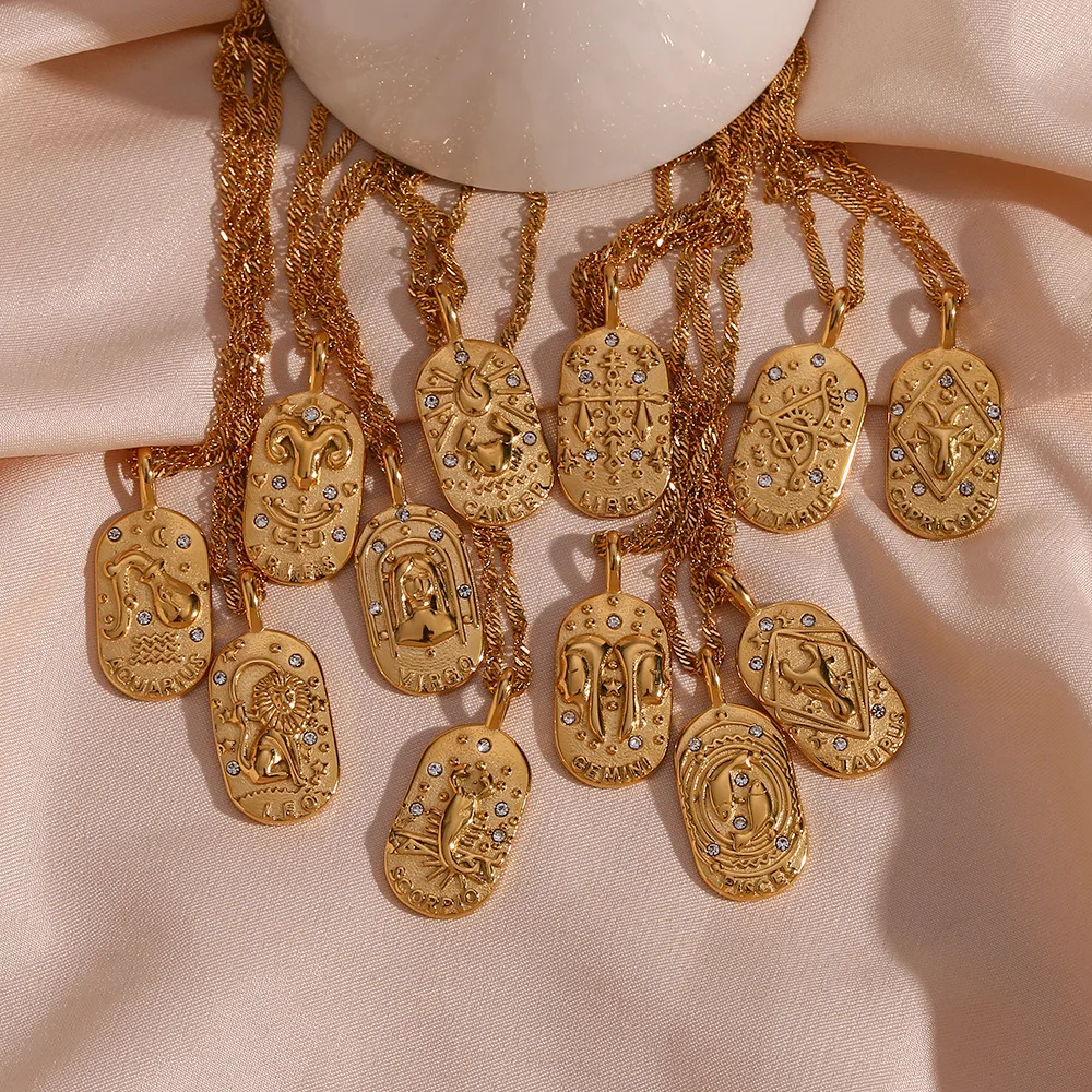 Oval Shape Personalized Vintage 316L Stainless Steel Fashion 18K Gold Plated Zodiac Sign Pendant Necklace Jewelry