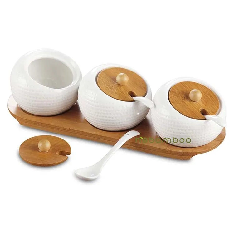 Gift Home Kitchen Ceramic Condiment Jar With Spoon and Bamboo Lid