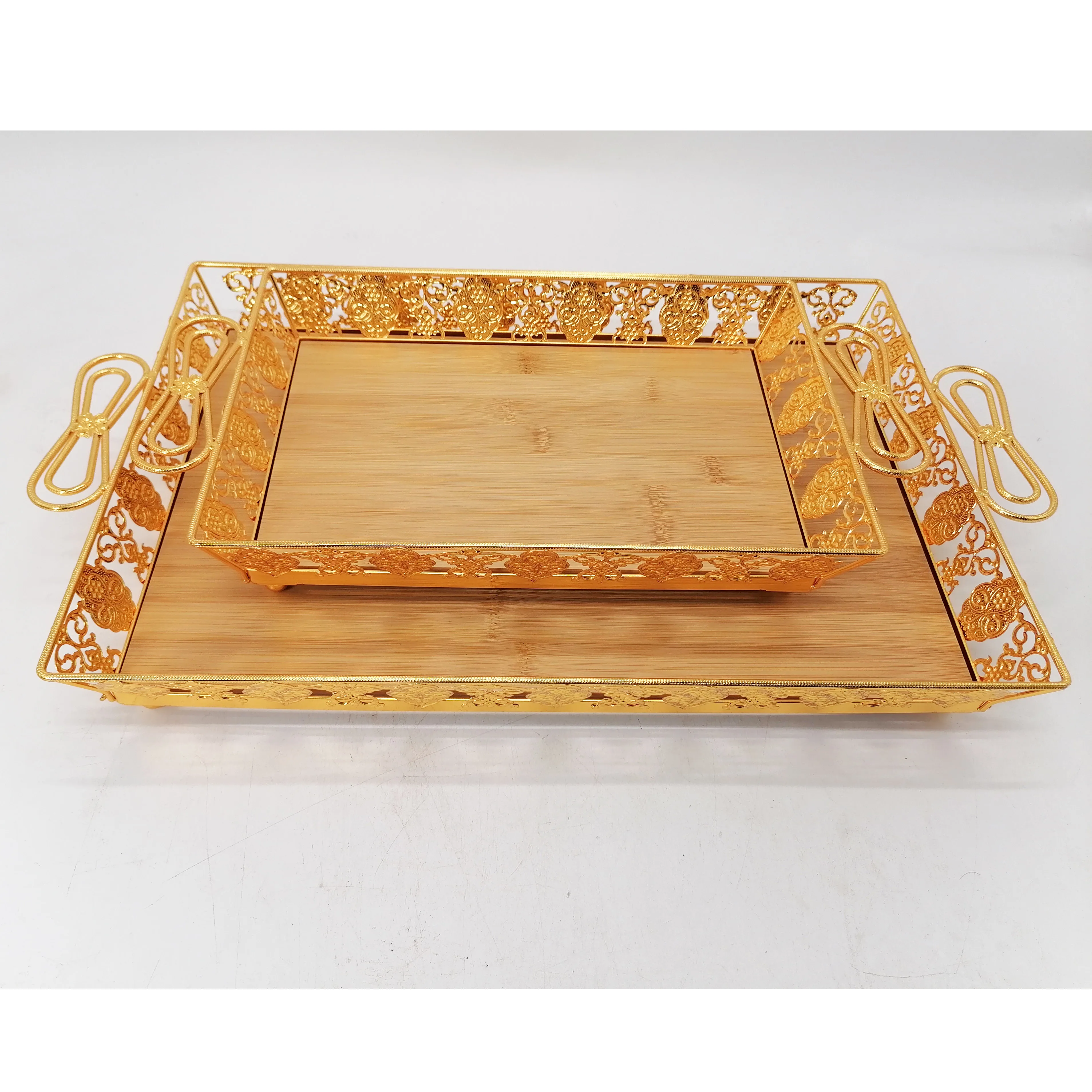 Chinese factory wholesale creative golden pattern bow handle design brown wooden serving tray modern outdoor wood food tray