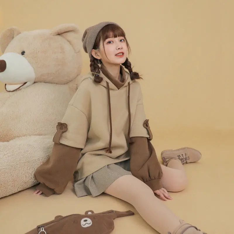 Harajuku эстетику Медведь Аниме Толстовка для женщин в Корейском стиле рубашка с длинными рукавами и круглым вырезом больших размеров уличная Kpop осенне зимняя одежда топы