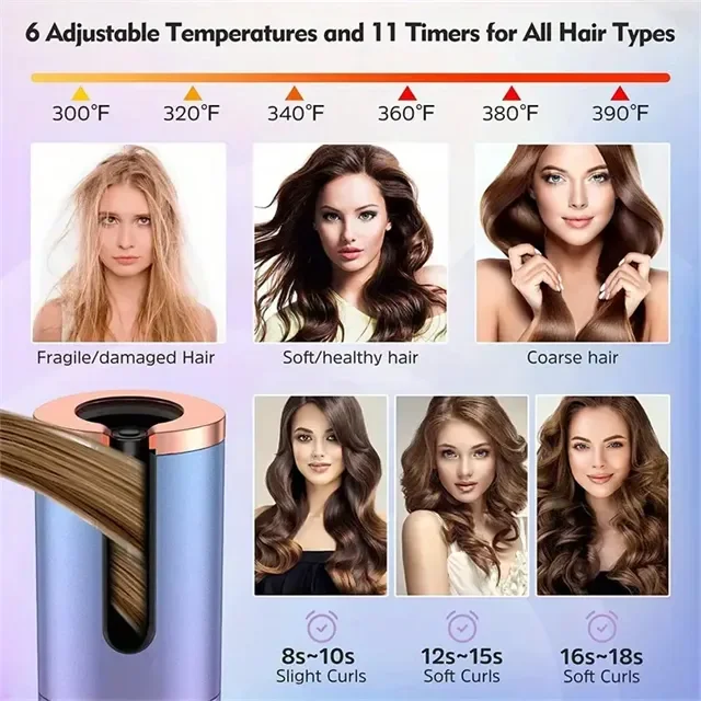 LCD Display 6 Adjustable Temperature Timer USB Rechargeable Ceramic Barrel Cordless Hair Iron Automatic Curling Curler