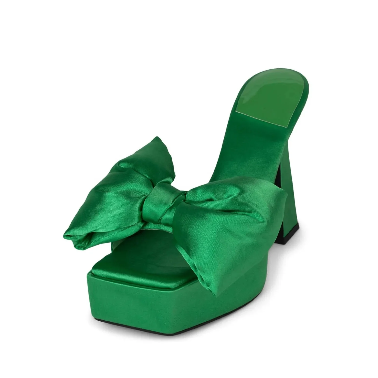 Enmayer wholesale womens shoes platform sandals chunky heels green satin thick heel slippers outdoor bow slippers ladies mules