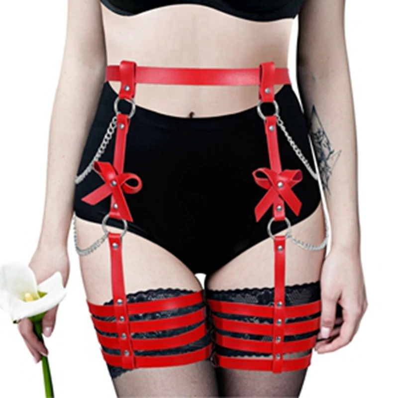 Women Leather  Lingerie Body Harness High Quality Leg Garter Belt Strap Adjustable Lingerie Belt High Garter with Chain