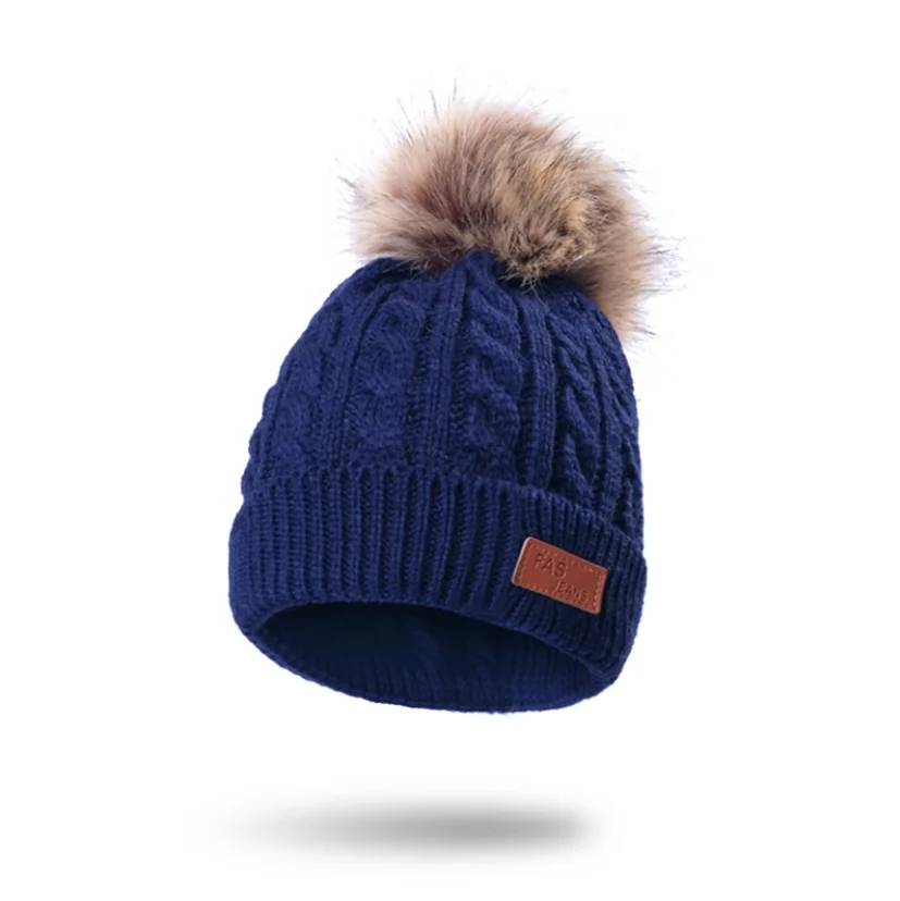 100% Acrylic Red and blue  yellowCable Knitted Beanie With Pom Pom