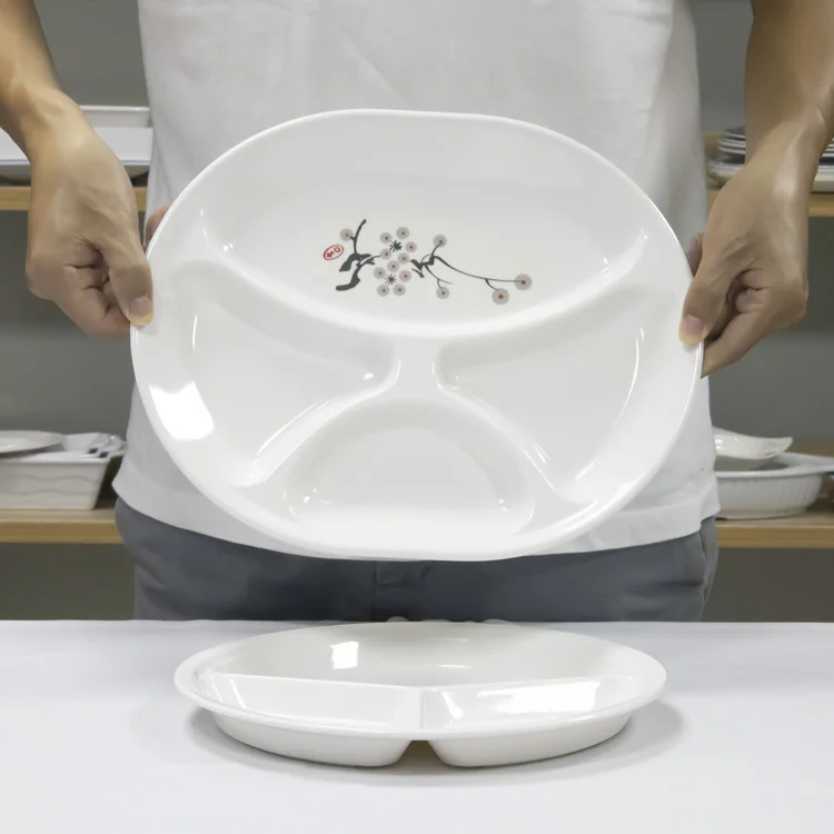 Chinese Flower Pattern Printed White Round 4 Divided Plates Melamine Partition Serving Plate