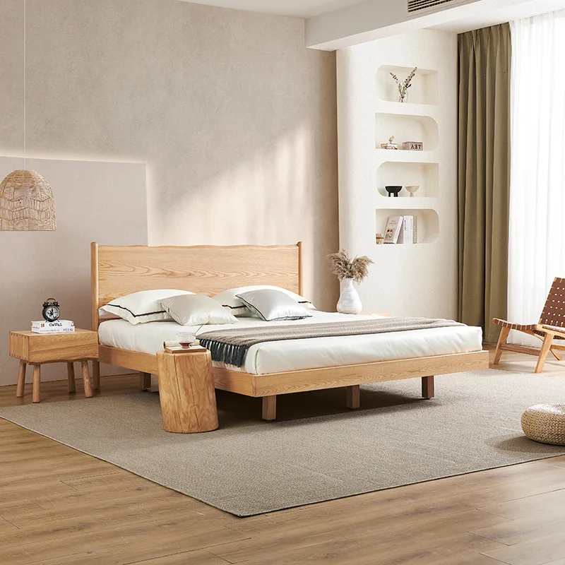 Japanese cherry wood bedroom home pure solid wood double bed Nordic style natural wood color 1.6, 1.9 meter wedding bed