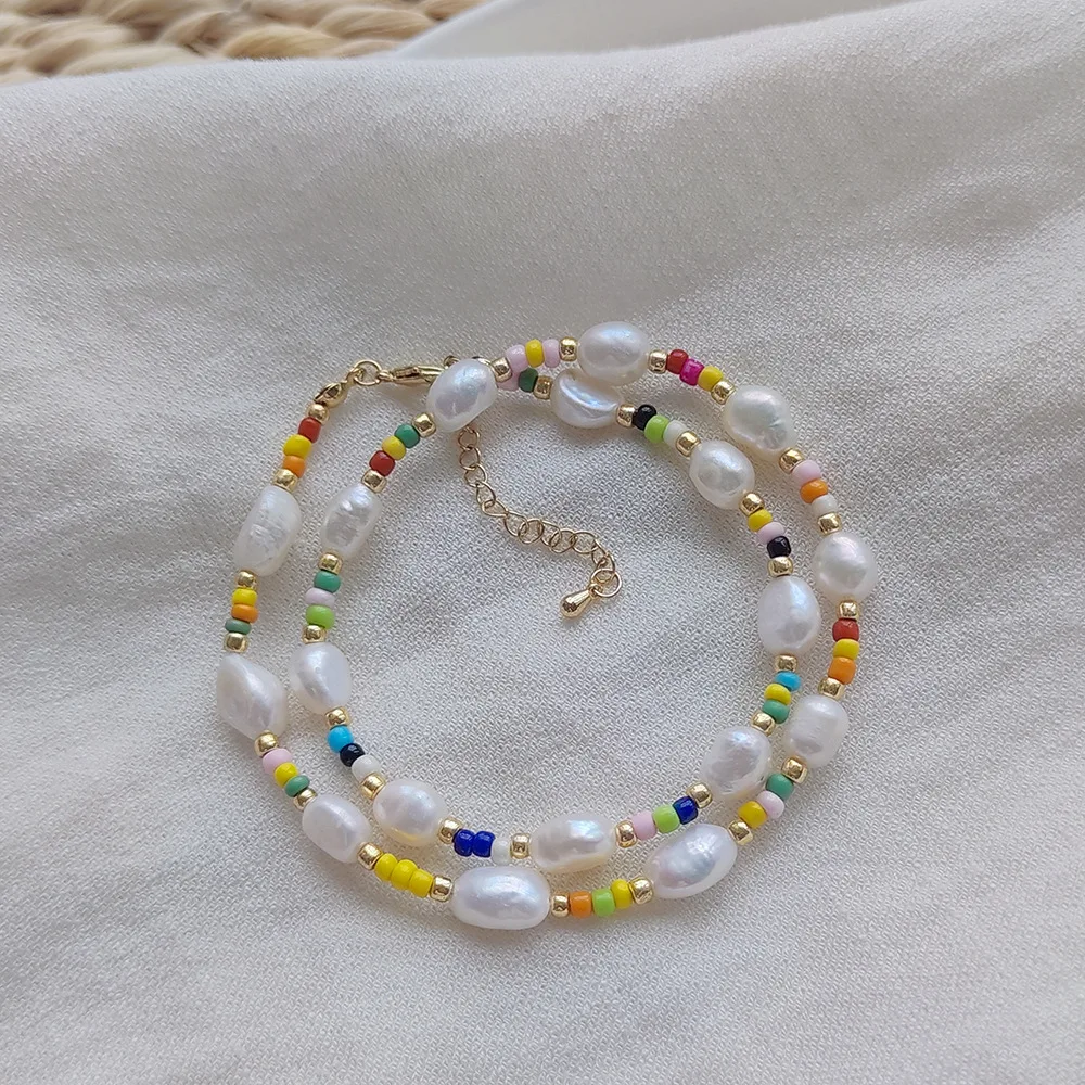 Summer Beach Jewelry Stainless Steel Chain Colorful Bohemian Seed Beads Real Natural Freshwater Pearl Choker Necklace Women