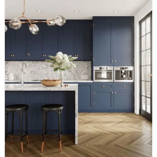 Navy Modern kitchen design cabinet Matte Finished Lacquer Shaker Kitchen Cabinet with Artificial Quartz Island