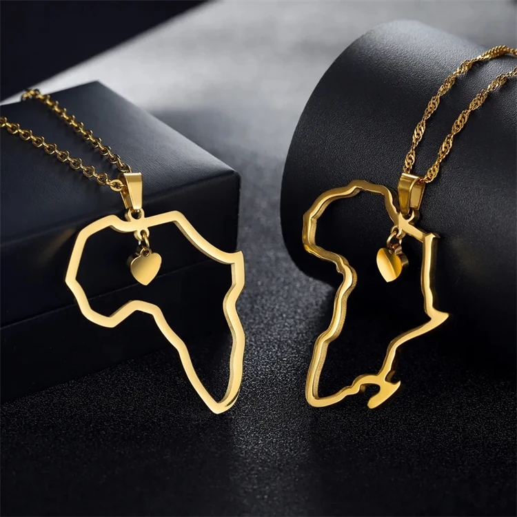 European And American Fashion Stainless Steel African Queen American 18k Gold Plated African Map Pendant Necklace
