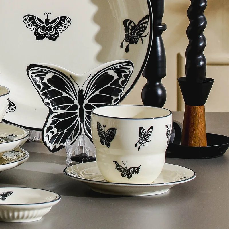 2024 new French butterfly ceramic mug and saucer set vintage gourd home office breakfast milk cup