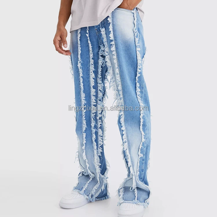 New Arrival Street Style Casual Plain Loose Oversized Antique Wash Cotton Denim Jeans Baggy Frayed Edge Jeans