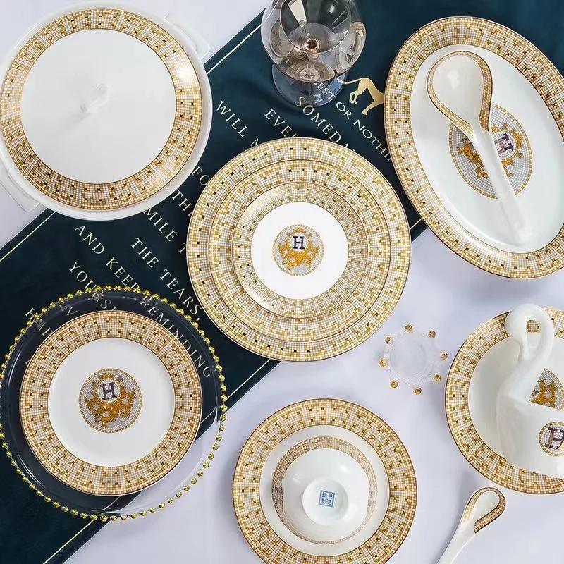 Jingdezhen Ceramic tableware set household ceramic bowls and plates set bone china bowls and plates h-mark mosaic tableware gift