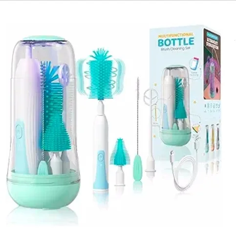 Electric Travel Baby Silicone Bottle Brush Set with Storage Box Automatic Bottle Cleaner Brush Kit with Bottle Nipple Straw