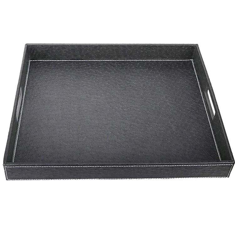 Black handmade wholesale square serving leather easy carry decoration room serving tray