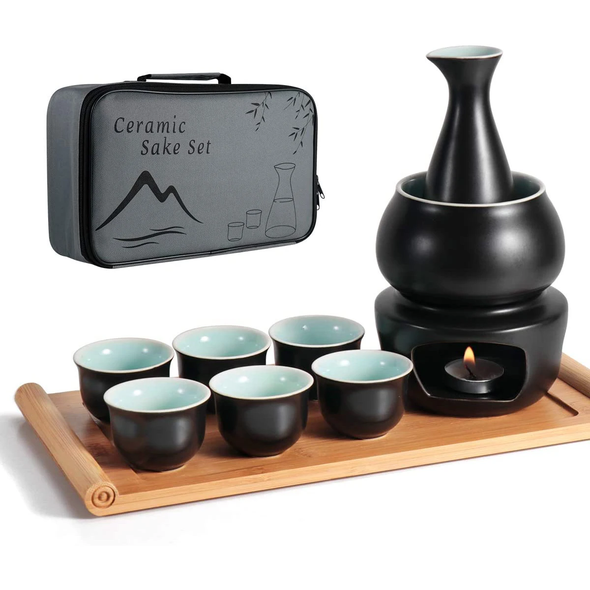 black custom porcelain japanese style warm sake set ceramic sake set cups with warmer pot oem logo