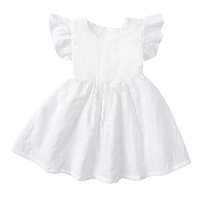 1409 Summer Back Bow Children Girls Flutter Sleeve Princess Dresses Ruffle Sleeve Linen Cotton Baby Kids Dress