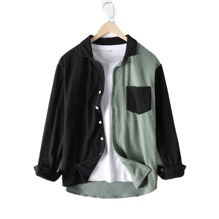 Customized Design Waffle Shirts Patchwork Long Sleeve Shirt ColorBlock Corduroy Jacket For Men Camisas Hombre