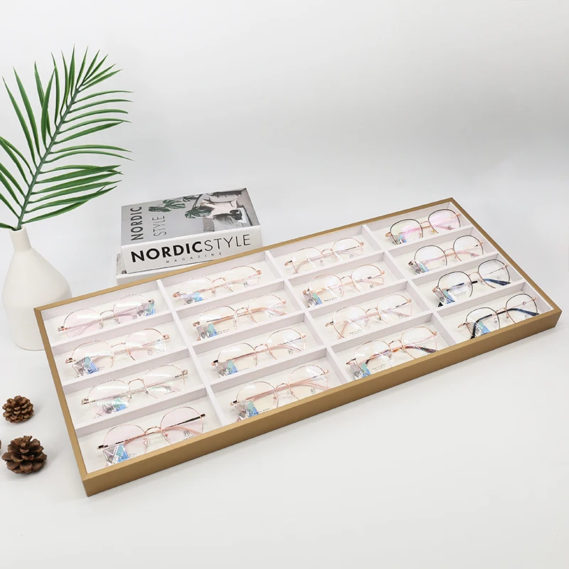 Wholesale Custom Golden 16 Slots Sunglass Case Storage Box Optical Stand Sunglasses Display Tray