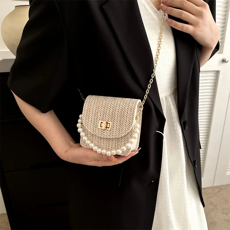 Mini Straw Braided Pearl Chain Shoulder Crossbody Bag Vintage Custom Designer Handbag Summer Fashion Bags For Ladies Girls