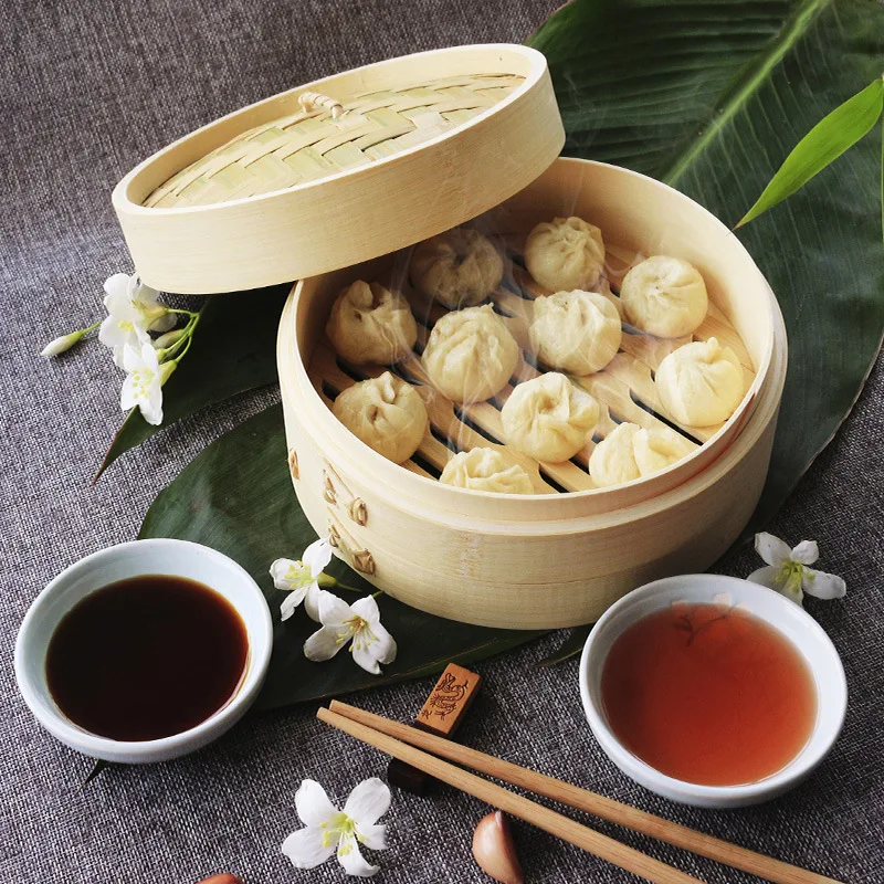 Handmade Traditional craft Design Custom 6-10inch Natural Bamboo Dumpling Steamer 2 Tiers Basket with Lid kitchen Steamer