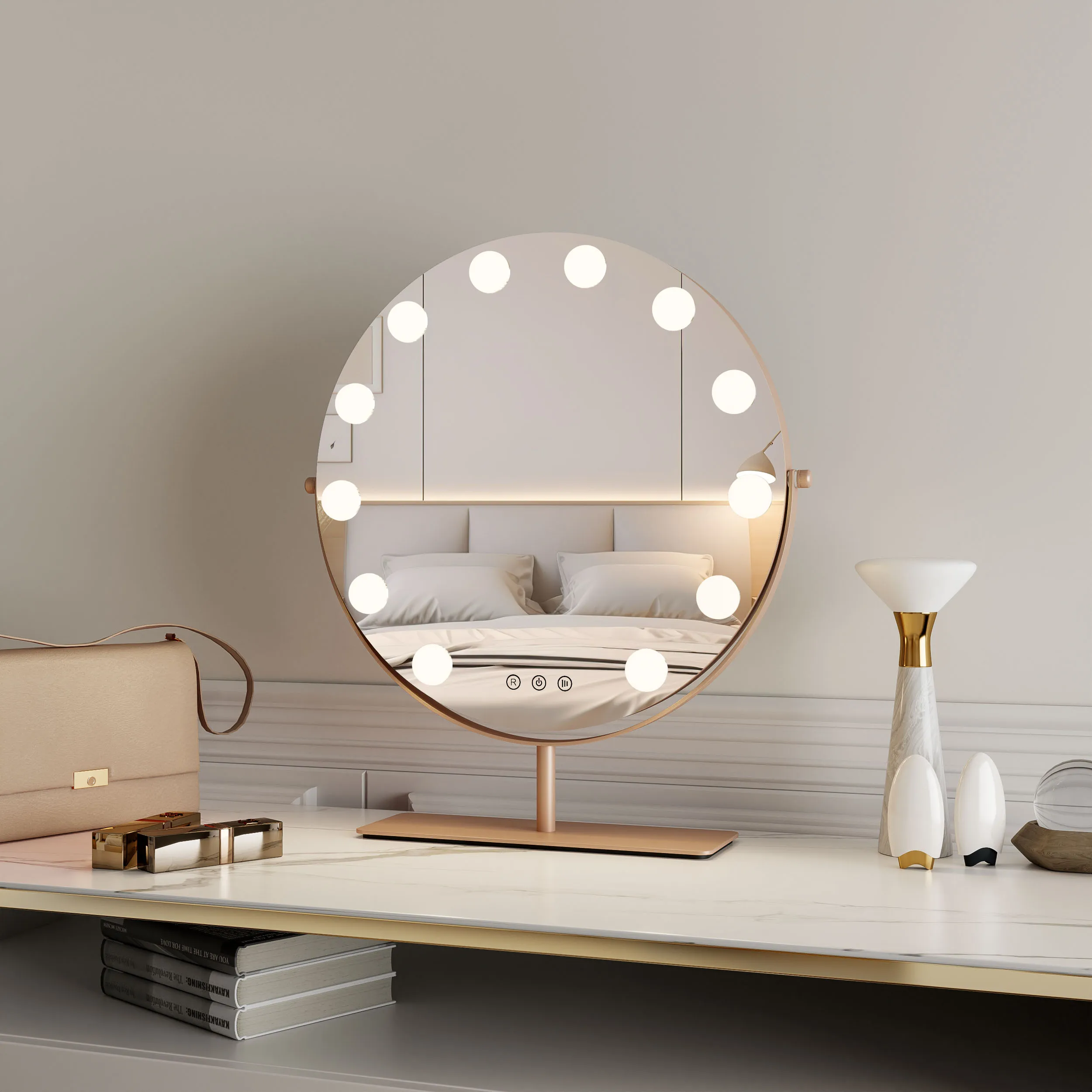 Wholesale Manufacturer Custom Light Up Rose Gold Tabletop Vanity 43x48cm Makeup With Led Lights Hollywood Mirror