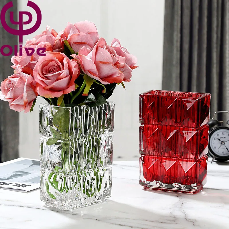 Thickened Murano glass vase 3d printed vase square finely engraved glass transparent water flower vase table home decoration