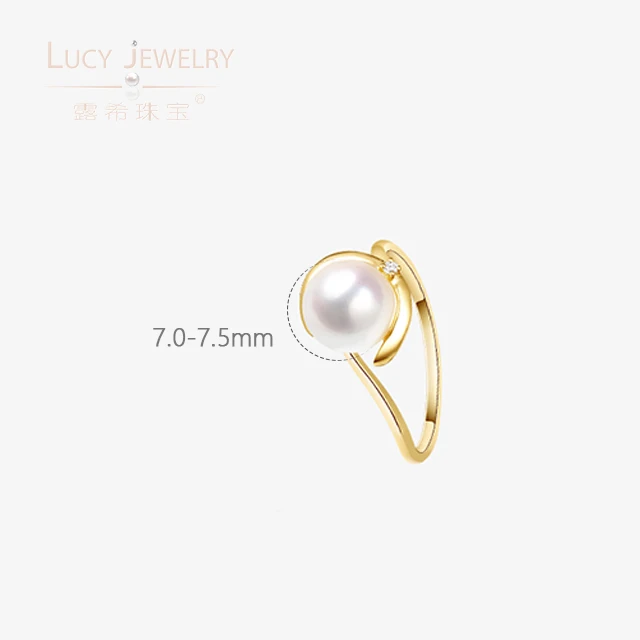 Custom made 18K Yellow Gold Engagement Wedding Ring with Brilliant Cut Diamond 7-7.5mm Akoya Pearl Ring Sidestone GIA Certified