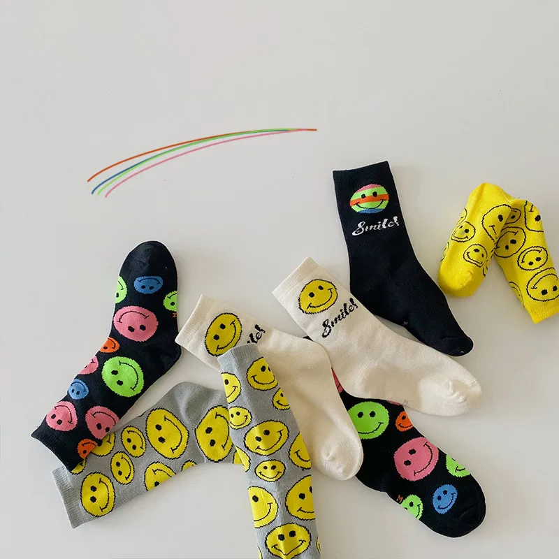 
New design autumn boy children cotton socks candy color with smiley face printed kids socks 