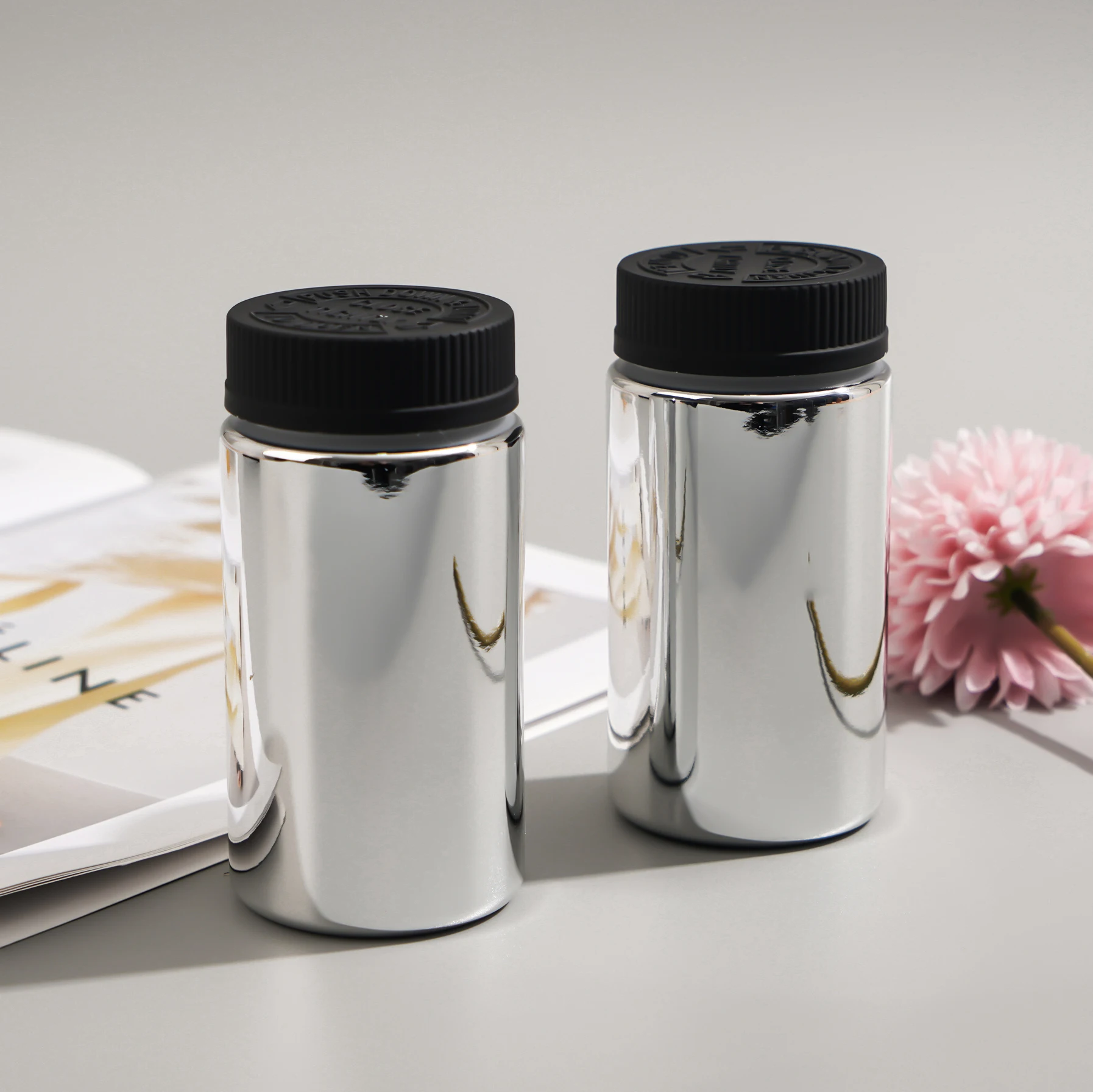 Costom 30ml 50ml 100ml silver chormed plastic pill bottle capsule bottle with aluminum lid