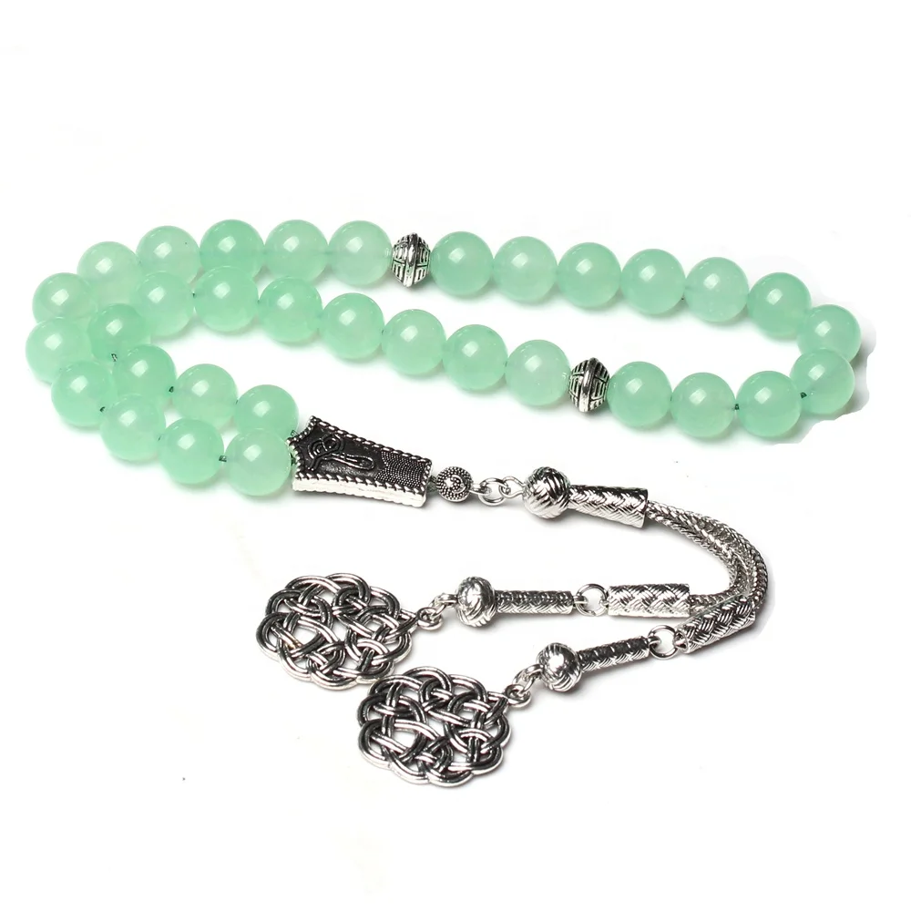 Stone Tasbih silver tassel green jade prayer beads 33 66 99beads muslim Rosary 8mm 10mm round tasbeeh misbaha subha