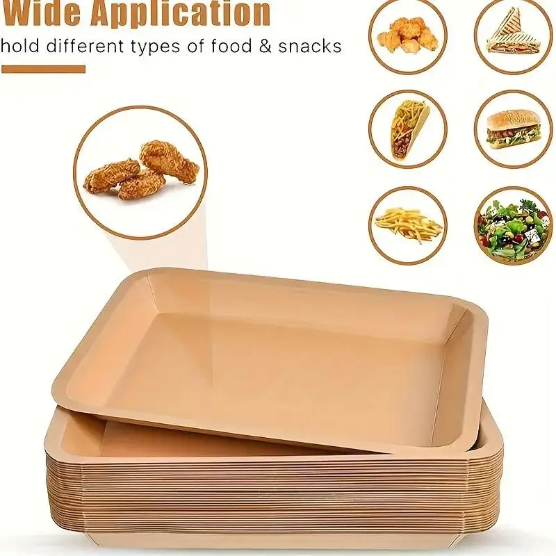 Factory customized kraft paper food trays, disposable kraft paper trays, oil resistant and waterproof fast food paper trays