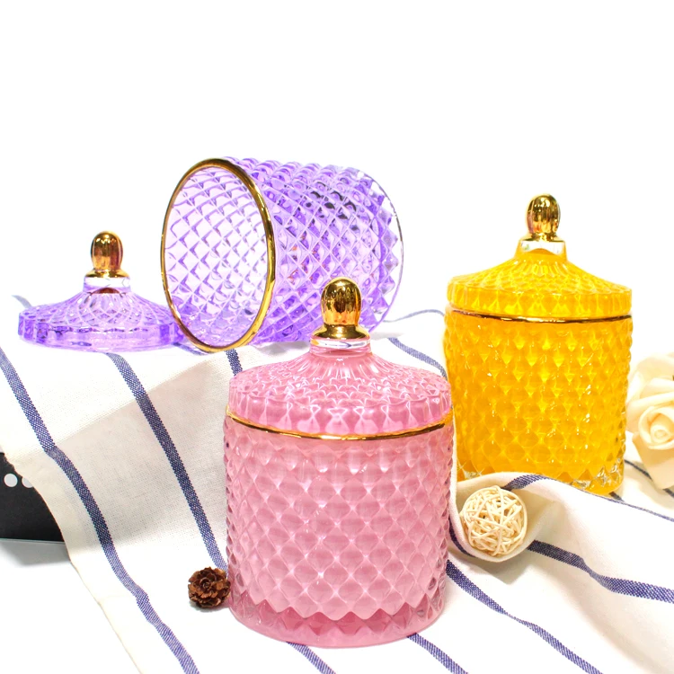 FENGJUN iridescent cylinder embossed Geo cut colored glass candle jar