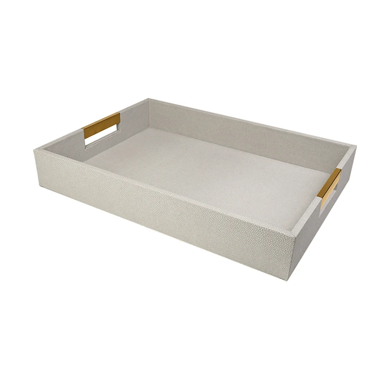 High-end Different PU color Leather Trays Hotel bathroom Leather Wood Rectangular Serving Tray with Short Metal Handle With SABER Certificate