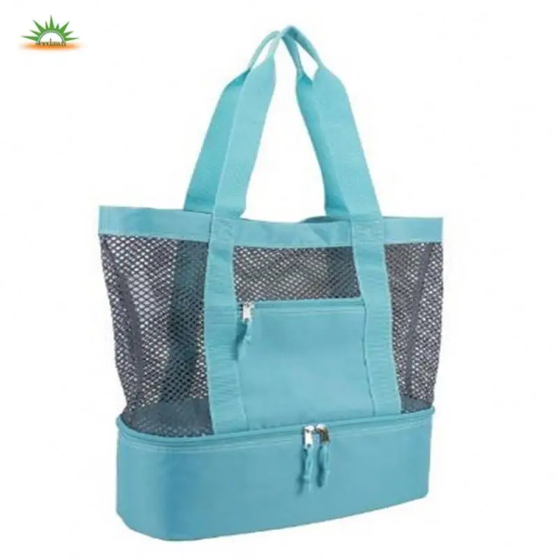 Multifunction Plastic Mesh Tote Beach Bag with Bottom Cooler Compartment