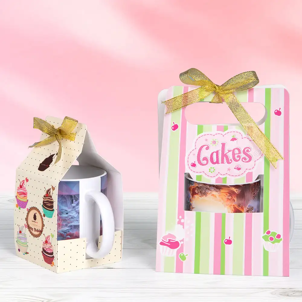 PYD Life Sublimation Boxes Blanks Custom Christmas Paper Packaging Gift Box for 11oz Ceramic Mug with Golden Ribbon